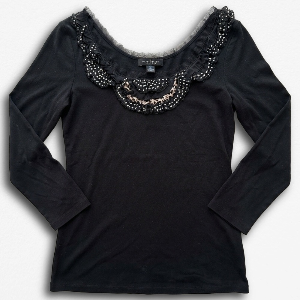 White House Black Market Womens Black Ruffle Polka Dot Animal Print Top Small